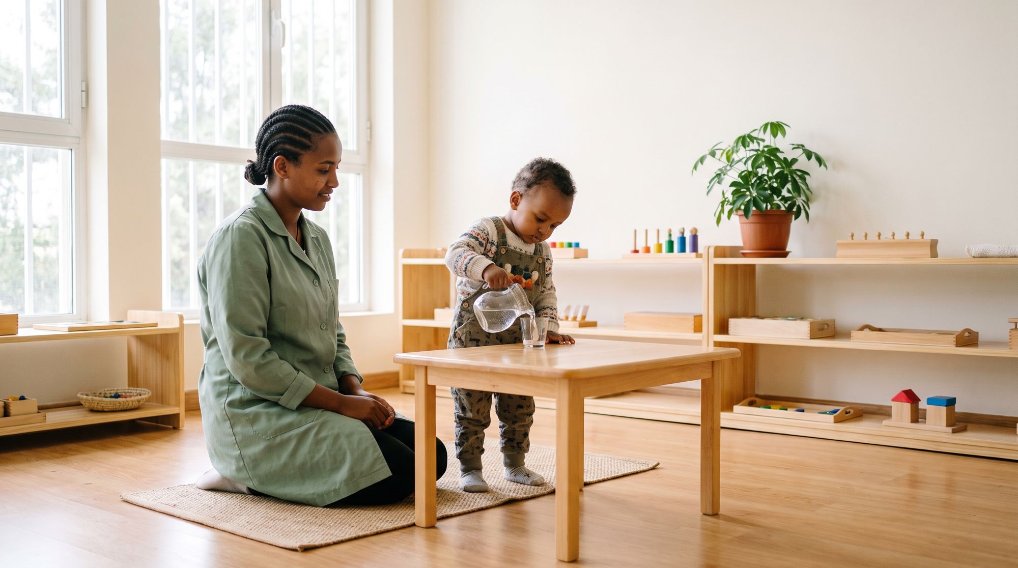 A caregiver kneels beside a toddler who pours water from a small jug at a low wooden table