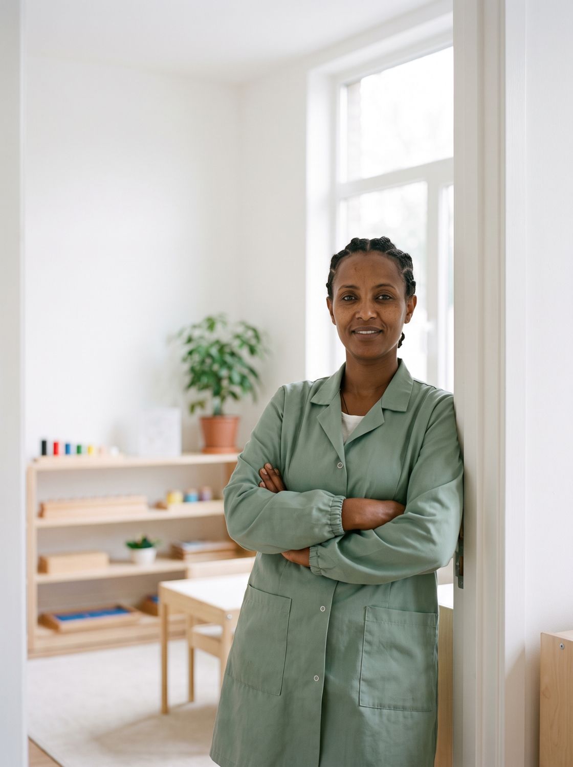A caregiver in a green smock stands in a daycare doorway
