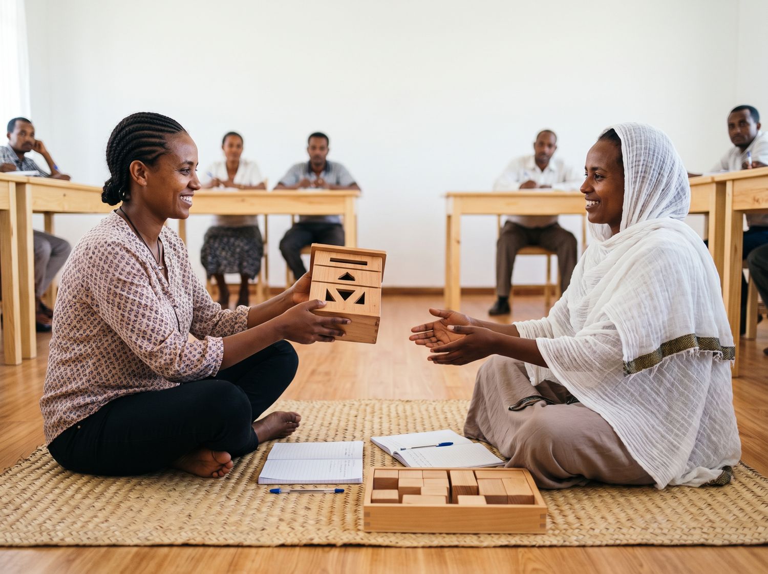 Two trainees practise presenting a wooden material to each other on a mat