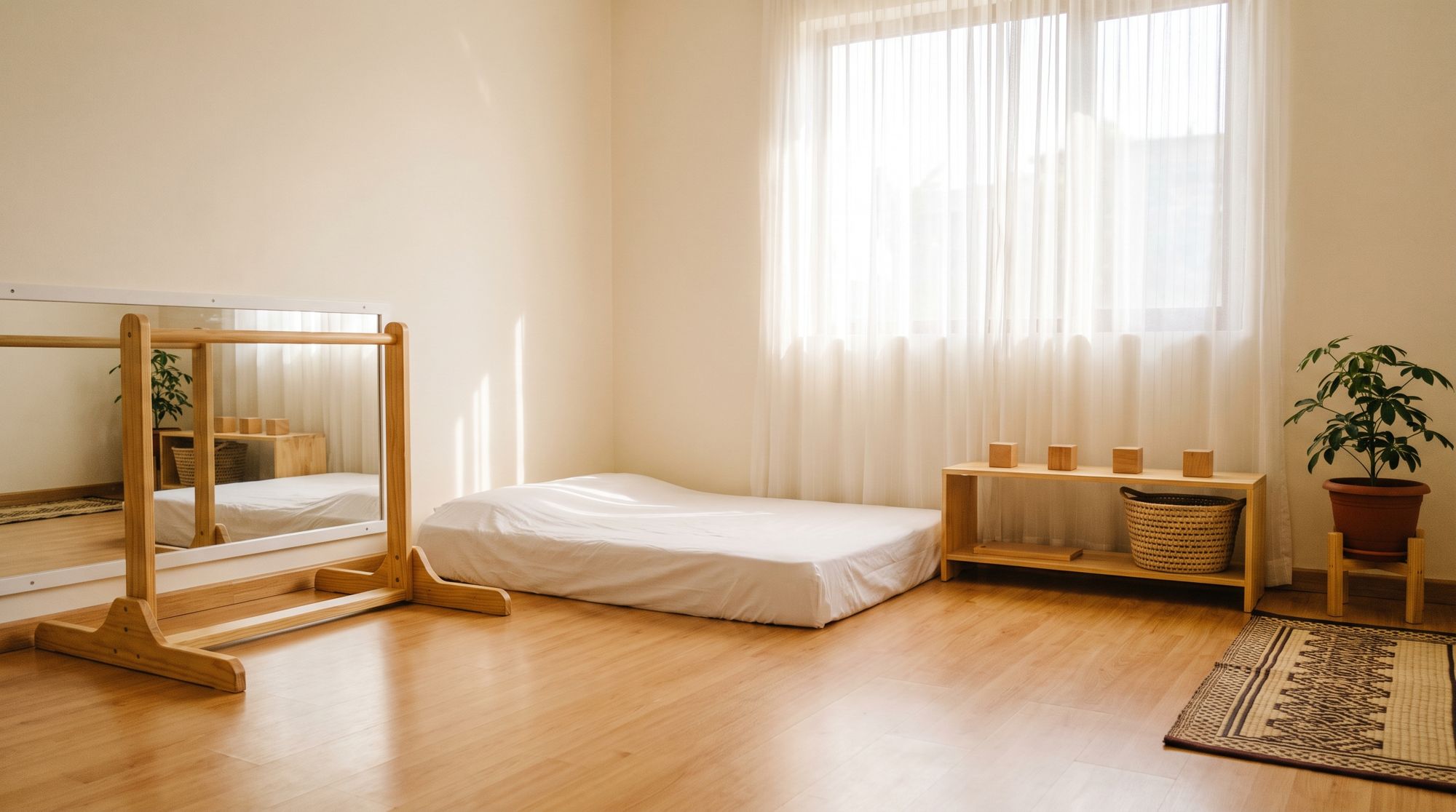 A prepared infant room with a floor bed, a pull-up bar and mirror, and a low shelf of wooden toys
