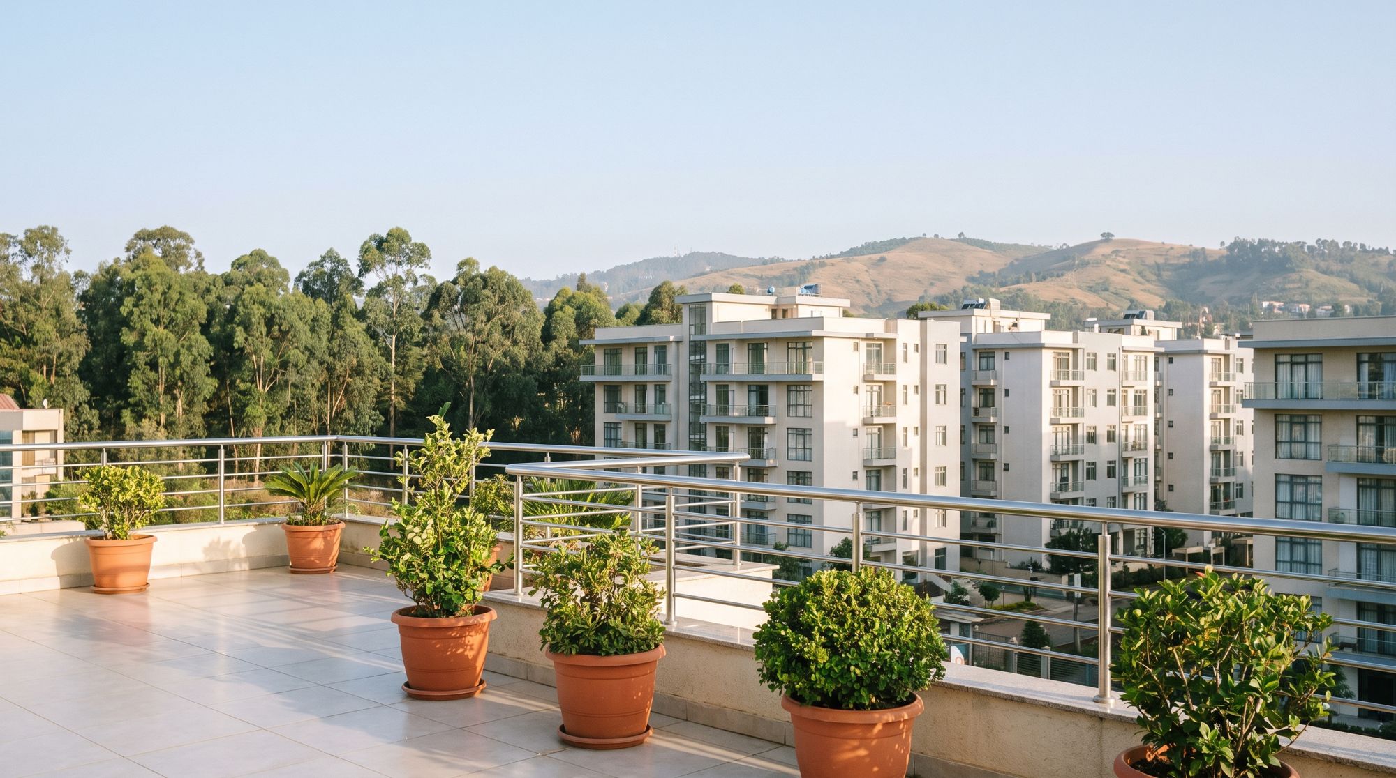 View over Addis Ababa from a rooftop terrace with plants, toward the Entoto hills